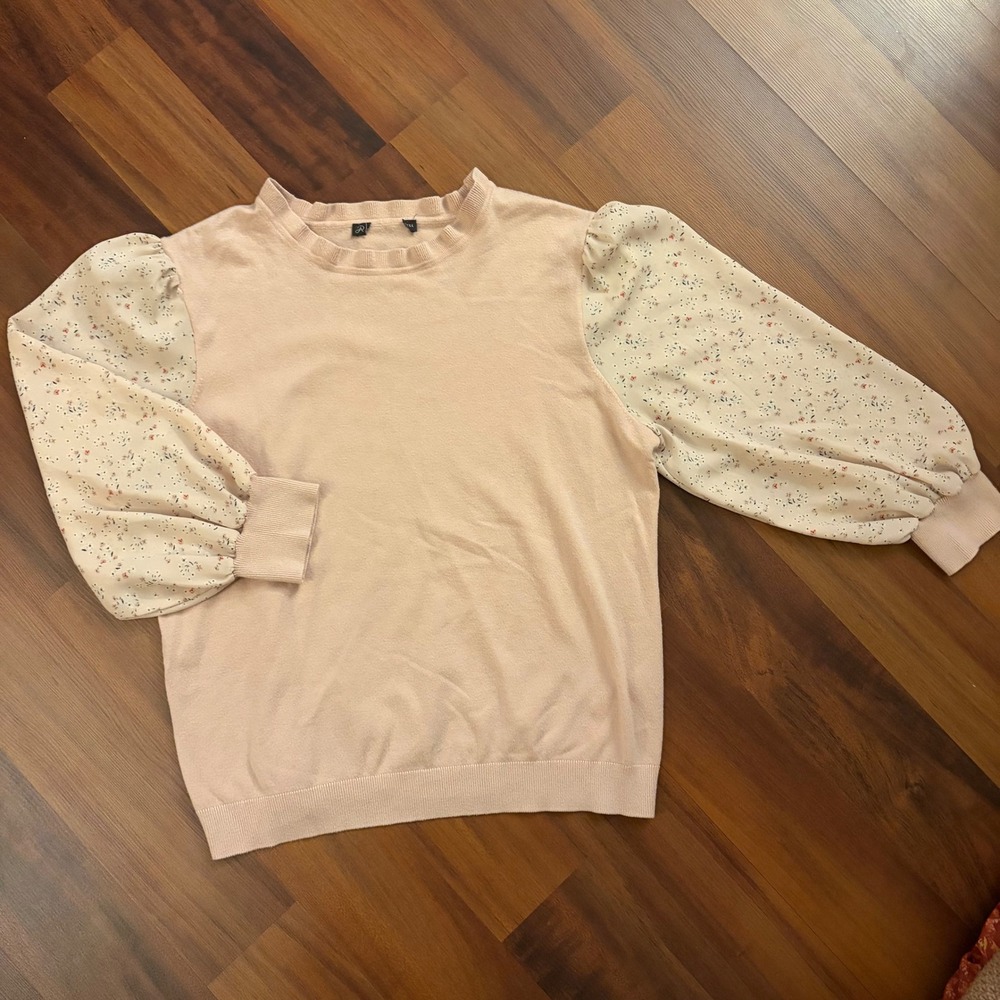 Women's Pink Floral Puff Sleeve Sweater Casual Knit‎ Top